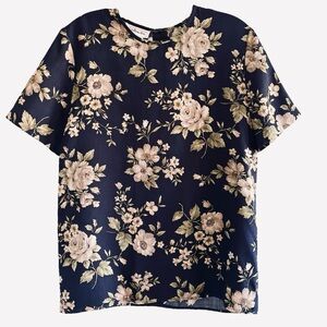 Talbots Womens Floral Dark Navy Cream Top 100% Silk Size 6 Chic Classic Office